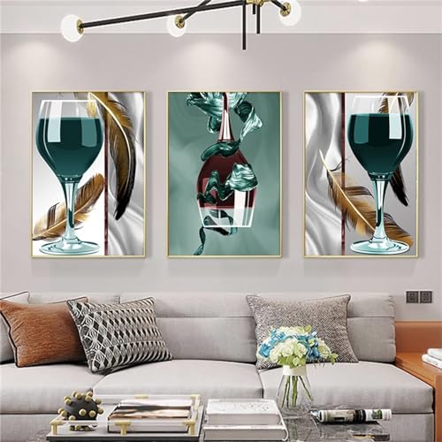 3 Stück Diamond Painting Full Set, 5D Diamant Painting Weinglas Federn Diamant Malerei DIY Diamant Painting Bilder Diamond Painting Set für Kinder Erwachsene Arts Craft Home Wand Decor 50x70cm G-130 von Jaxiaco
