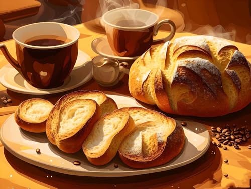 Brot Kaffee-Malen nach Zahlen für Erwachsene, Knitterfreie Leinwand, DIY Digitales Ölgemälde-Set auf Leinwand mit Pinseln und Acrylpigment, Artwork für Heimdekoration, 50x65cm (Rahmenlos) R-325 von Jaxiaco