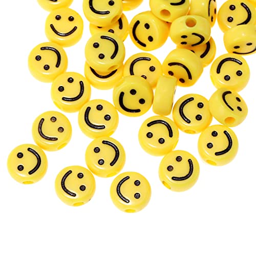 200 Stück Gelb Acryl Smiley Gesicht Perlen 10mm Pony Scheibenmünze Schwarz Emaille Lächeln Gesicht lose Abstandshalter Perlen für DIY-Schmuck Armband Handy-Anhänger machen von Jaydis