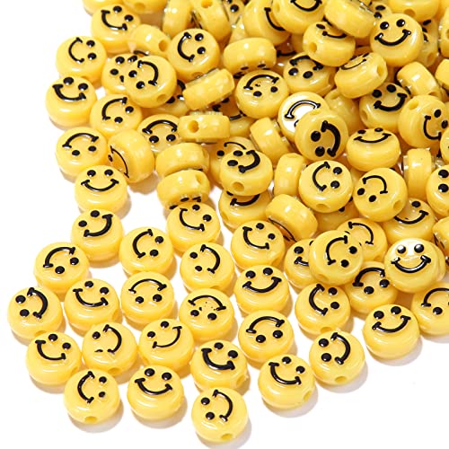 200 Stück Gelb Acryl Smiley Gesicht Perlen 10mm Pony Scheibenmünze Schwarz Happy Lächelndes Gesicht Lose Abstandshalter Perlen für DIY-Schmuck Armband Handy-Anhänger machen von Jaydis