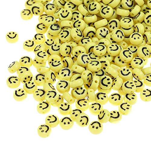 200 Stück Gelb Acryl Smiley Gesicht Perlen 7mm Pony Scheibenmünze Schwarz Emaille Lächeln Gesicht Lose Abstandshalter Perlen für DIY-Schmuck Armband Handy-Anhänger machen von Jaydis