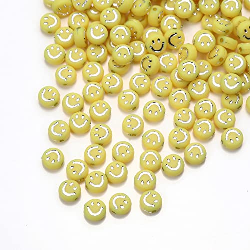 200 Stück Gelb Acryl Smiley Gesicht Perlen 7mm Pony Scheibenmünze Silber plattiert Lächelndes Gesicht Lose Abstandshalter Perlen für DIY-Schmuck Armband Handy-Anhänger machen von Jaydis
