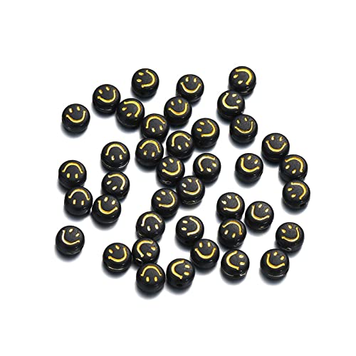 200 Stück Schwarz Acryl Smiley Gesicht Perlen 7mm Pony Disc Münze Gold Emaille Lächeln Gesicht lose Abstandshalter Perlen für DIY Schmuck Armband Handy Anhänger machen von Jaydis