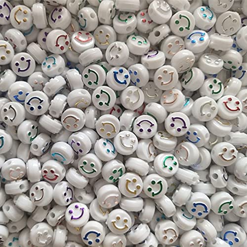 200 Stück Weiß Acryl Smiley Gesicht Perlen 10mm Pony Scheibenmünze Mehrfarben Happy Lächelndes Gesicht Lose Abstandshalter Perlen für DIY Schmuck Armband Handy Anhänger machen von Jaydis