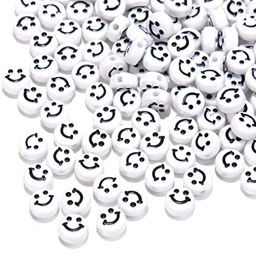 200 Stück Weiß Acryl Smiley Gesicht Perlen 10mm Pony Scheibenmünze Schwarz Happy Lächelndes Gesicht Lose Abstandshalter Perlen für DIY-Schmuck Armband Handy-Anhänger machen von Jaydis