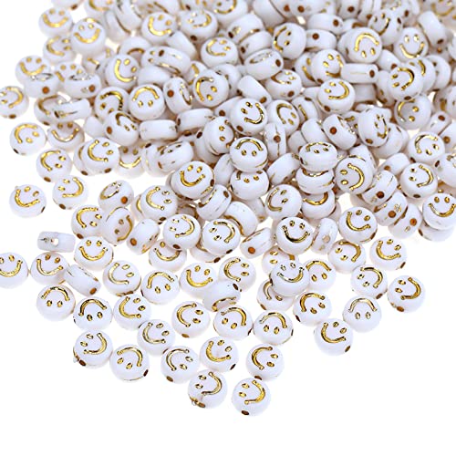 200 Stück Weiß Acryl Smiley Gesicht Perlen 7mm Pony Scheibenmünze Gold Emaille Lächeln Gesicht lose Abstandshalter Perlen für DIY Schmuck Armband Handy Anhänger machen von Jaydis