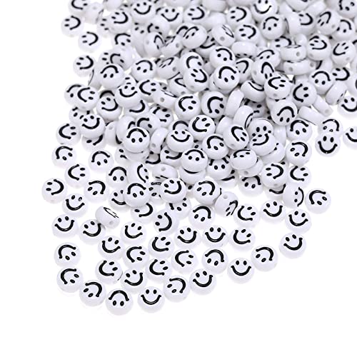 200 Stück Weiß Acryl Smiley Gesicht Perlen 7mm Pony Scheibenmünze Schwarz Emaille Lächeln Gesicht Lose Abstandshalter Perlen für DIY-Schmuck Armband Handy-Anhänger machen von Jaydis