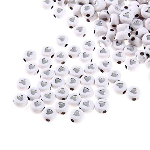 200pcs weiß Acryl Herz Perlen 7mm flach rund Pony Disc Münze mit Silber Emaille Herz lose Abstandshalter Perlen für DIY Armband Schmuck machen von Jaydis