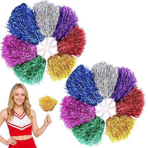 14 Stück Cheerleader Pompons, Cheerleading Poms in 7 Farben, Pom Poms Cheerleader Zubehör für Kinder, Sportveranstaltungen, Teamgeist, Schulevents, 25 cm von JazRvr