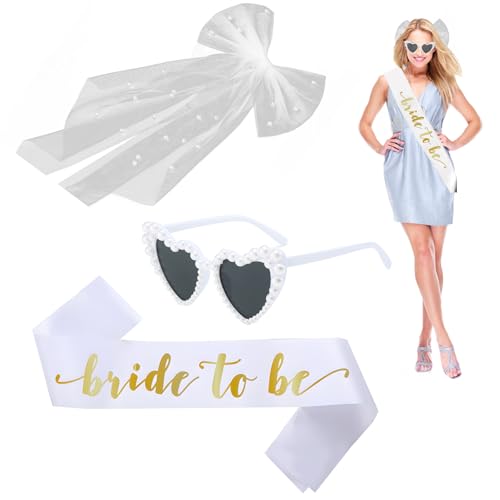 JazRvr Bride To Be Deko, 3-teiliges Braut-Outfit für Junggesellenabschied, Hochzeit und Feste, Perlen-Herz-Sonnenbrille, Schleier und Schärpe, 19 x 40 cm von JazRvr