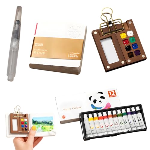 Mini Aquarell Reiseset, 15-teiliges Walnussholz-Malset, Pocket Aquarell Set für Unterwegs, Kompakte Wasserfarben mit Skizzenbuch, Ideal für Reisen und Outdoor-Malerei von JazRvr