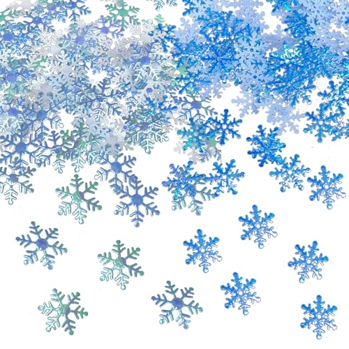 JazSwirl 500 Stück Schneeflocken Konfetti, weiße und blaue Schneeflocken für Winterwunderland Tischdekorationen, 2,3-3,1 cm Weihnachts-Konfetti, Schneeflocken-Partydekorationen (blau) von JazSwirl