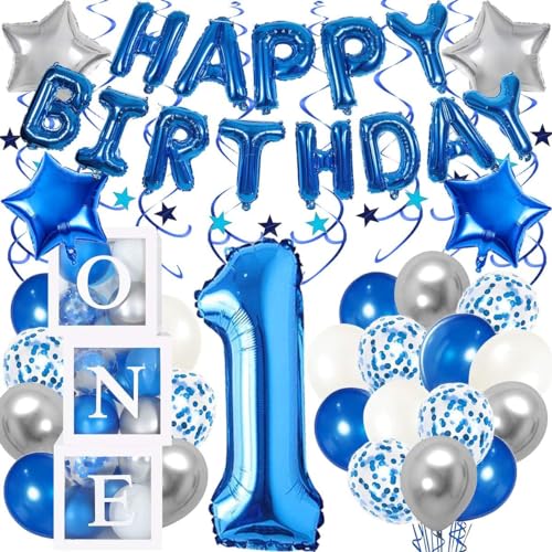 Dekoration zum 1. Geburtstag für Jungen, blaue Geburtstagsdekorationen, 3 Stück Ballonboxen und 101,6 cm Nummer 1 für ein Jahr alte Geburtstagsparty (blau) von Jazlyvex