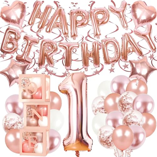Dekoration zum 1. Geburtstag für Mädchen, rotgoldene Geburtstagsdekorationen, 3 Stück Ballonboxen und 101,6 cm Nummer 1 für ein Jahr alte Geburtstagsparty (Roségold) von Jazlyvex