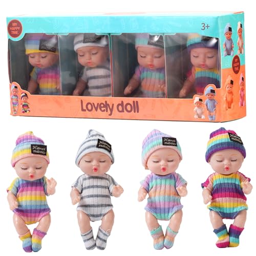 Mini Babypuppen 4pcs 4 Zoll realistisch schlafend kleine Babypuppen mit Kleidung auf 4 Farben bewegliche Gelenk winzige Puppe, Geschenke für Mädchen, gestreifte Kleidung von Jcasbdn