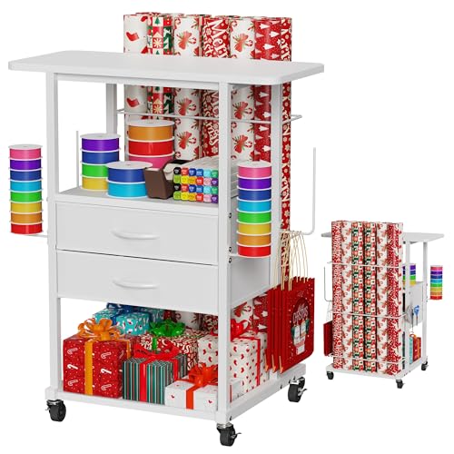 Geschenkpapier-Aufbewahrungswagen mit 12 Rollen Geschenkpapier-Organizer-Halter, rollender Bastelwagen mit 2 Stoffschubladen, Geschenkverpackungsstation mit 4 Haken, Aufbewahrungsbändern und Geschenkpapier-Aufbewahrungswagen mit 12 Rollen Geschenkpapier-Organizer-Halter, rollender Bastelwagen mit 2 Stoffschubladen, Geschenkverpackungsstation mit 4 Haken, Aufbewahrungsbändern und von Jchccu