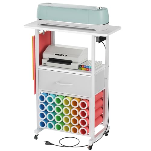 Rollbarer Bastelwagen mit Ladestation und Stoffschublade, 24 Vinyl-Rollenhalter für Cricut, Organizer und Aufbewahrung, kompatibel mit Maker, Organisation für Bastelraum, Weiß Rollbarer Bastelwagen mit Ladestation und Stoffschublade, 24 Vinyl-Rollenhalter für Cricut, Organizer und Aufbewahrung, kompatibel mit Maker, Organisation für Bastelraum, Weiß von Jchccu