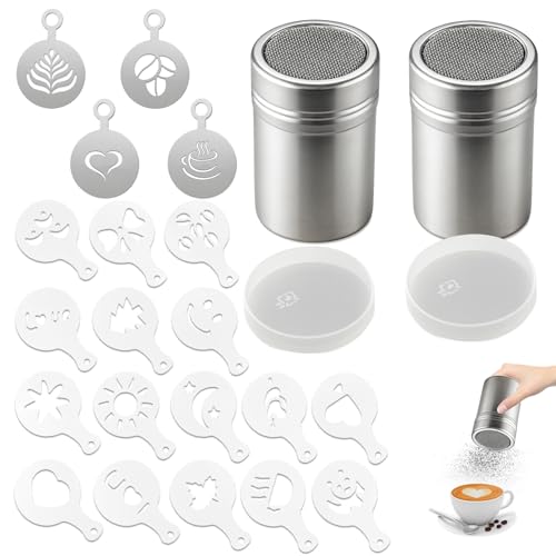 Kaffee Zubehör, 22-Teiliges Set Mit Kakaostreuer Für Cappuccino, 2 Kleine Streuer, 4 Edelstahl-Schablonen, 16 Dekorationsformen, Ideal Für Heiße Schokolade Und Backwaren Kaffee Zubehör, 22-Teiliges Set Mit Kakaostreuer Für Cappuccino, 2 Kleine Streuer, 4 Edelstahl-Schablonen, 16 Dekorationsformen, Ideal Für Heiße Schokolade Und Backwaren von JcvPot