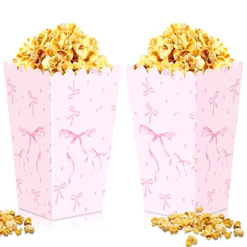 JeVenis 20 Stück rosa Schleife Popcorn Boxen Schleife Party Gastgeschenke Taschen Schleife Leckereien Leckereien Süßigkeiten Boxen für Mädchen Geburtstag Babyparty Junggesellinnenabschied Zubehör von JeVenis