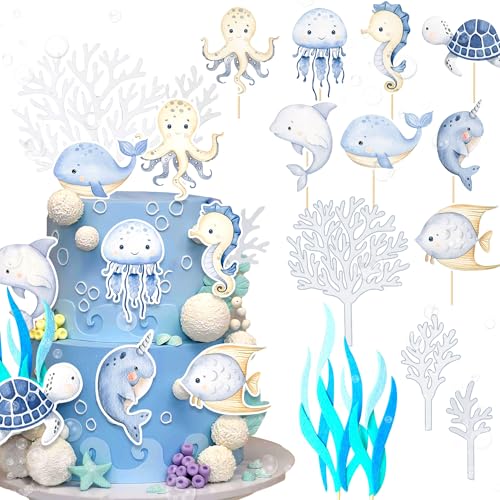 JeVenis 29 PCS unter dem Meer Kuchen Toppers Ozean Tier Cupcake Toppers unter dem Meer Party Dekorationen Ozean Meer Thema Babydusche Geburtstag Party Kuchen Dekorationen von JeVenis