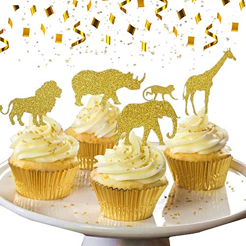 JeVenis 30 Stück Gold Glitter Dschungel Safari Tier Cupcake Topper Dschungel Tiere Kuchen Dekorationen für Dschungel Safari Tiere Party Baby Duschen von JeVenis