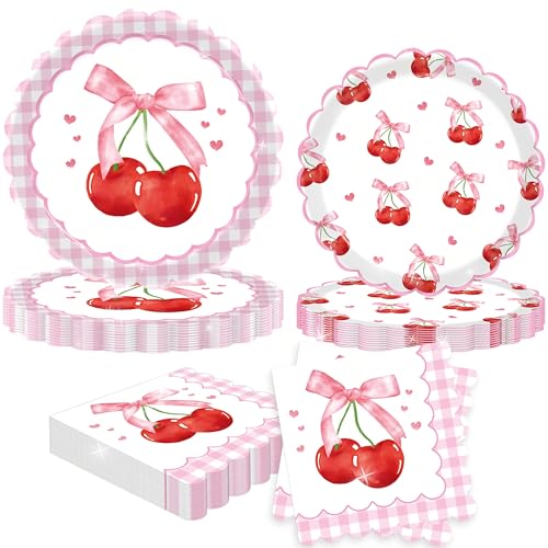 JeVenis 60pcs Kirsche Party Zubehör Bögen Kirsche Pappteller und Servietten Tee Party Dekortation Floral Baby Shower Geburtstag Hochzeit Bridal Shower Party Favors von JeVenis