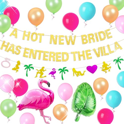 JeVenis A Hot New Bride Has Entered The Villa Banner Balloons Palm Tree Ring Mylar Balloon for Love Island Themed Bachelorette Party Decorations von JeVenis