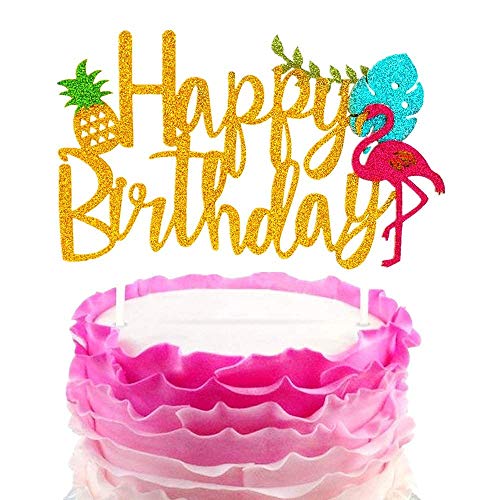 JeVenis Glitter Flamingo Cake Toppers Flamingo Alles Gute zum Geburtstag Kuchen Dekoration Tropical Hawaiian Luau Themed Party Supplies von JeVenis