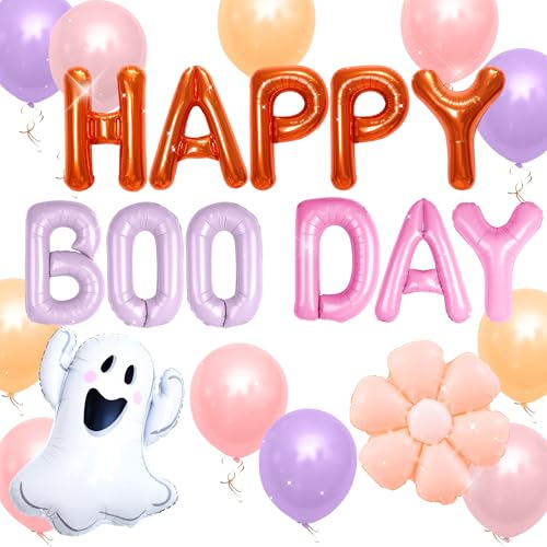 JeVenis Groovy Halloween Birthday Party Happy Boo Day Banner Ghost Mylar Ballons für Rosa Halloween Geburtstag Party Dekoration von JeVenis