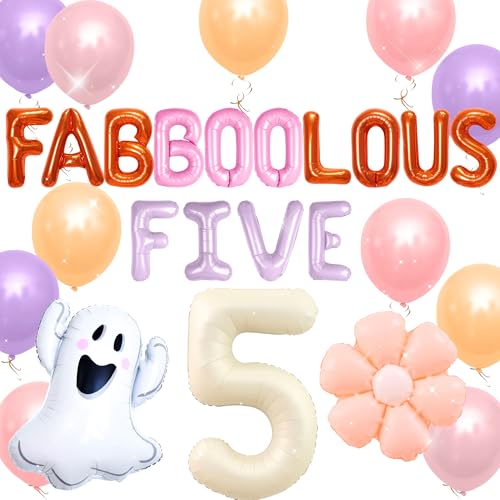 JeVenis Groovy Halloween Fabboolous Five Spooky Birthday Decors with Groovy Hippie Cake Cupcake Toppers Fabboolous Five Spooky Backdrop Banner for 5th Birthday Party von JeVenis