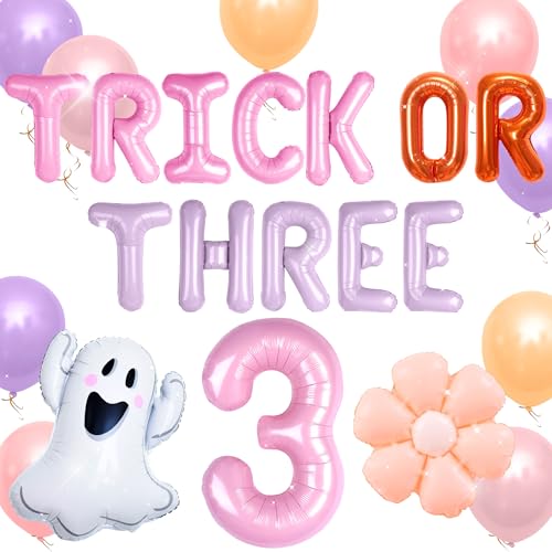 JeVenis Groovy Halloween Luftballons Trick or Three Banner Halloween Ghost Bat Ballons für Rosa Mädchen Dritten Geburtstag Party Dekorationen 3 Jahre alt von JeVenis