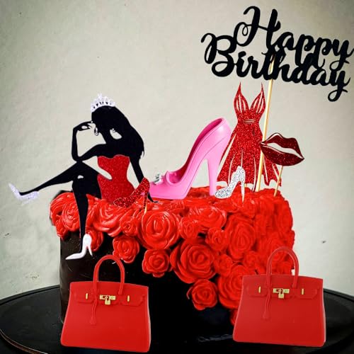 JeVenis High Heel Kuchendekoration Königin Geburtstag Kuchendekoration Lady in Red Kuchendekoration Taschen Kuchendekoration Rotes Kleid Kuchendekoration Sexy Geburtstagstortendekoration von JeVenis