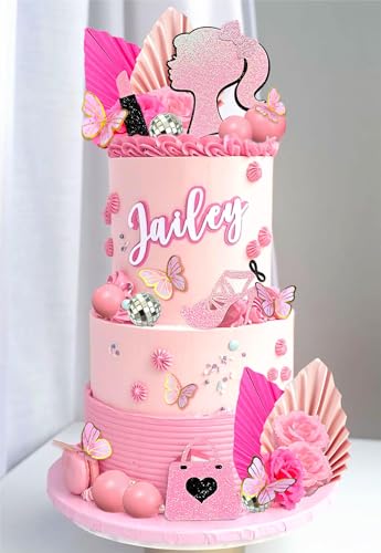 JeVenis Hot Pink Butterfly Cake Decoration Pink Girls Birthday Decoration Pink Balls Palm Leaves Heels Lipstick Bags Cake Topper von JeVenis