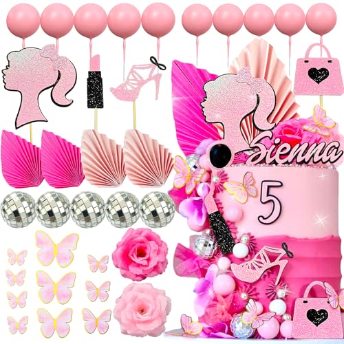 JeVenis Hot Pink Butterfly Cake Decoration Pink Girls Birthday Decoration Pink Balls Palm Leaves Heels Lipstick Bags Cake Topper von JeVenis