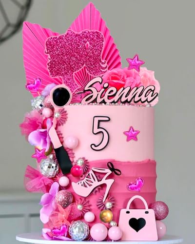 JeVenis Pink Girls Birthday Decoration Pink Balls Palm Leaves Heels Lipstick Bags Cake Topper Hot Pink Disco Cake Decoration von JeVenis
