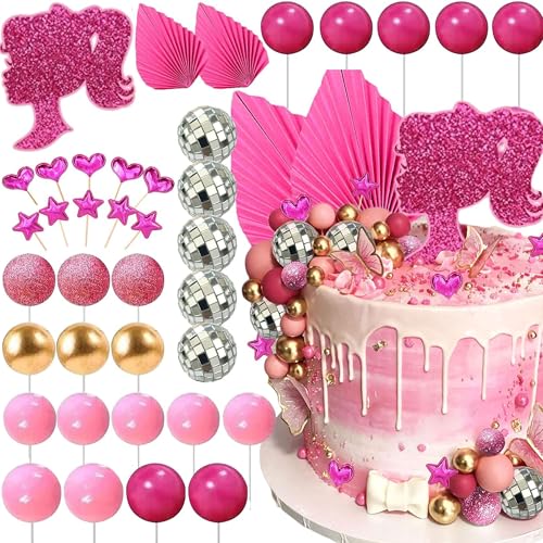 JeVenis Pink Girls Birthday Decoration Pink Balls Palm Leaves Heels Lipstick Bags Cake Topper Hot Pink Disco Cake Decoration von JeVenis