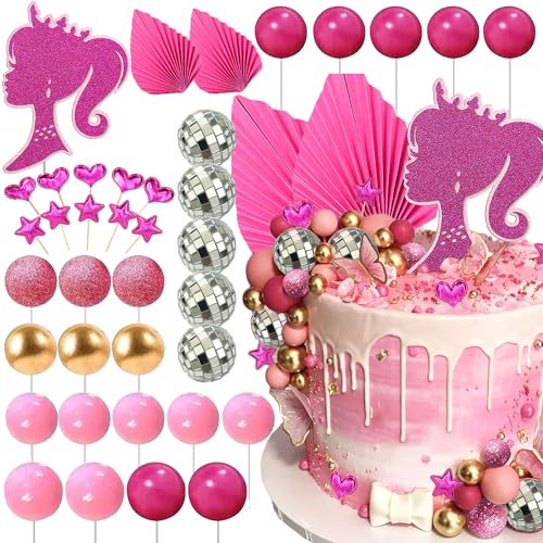 JeVenis Hot Pink Disco Cake Decoration Pink Princess Birthday Decoration Pink Balls Palm Leaves Heels Lipstick Bags Cake Topper von JeVenis