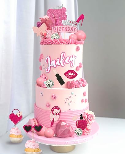 JeVenis Hot Pink Girl Birthday Cake Decoration Pink Girls Birthday Decoration Pink Balls Palm Leaves Heels Lipstick Bags Cake Topper for Birthday Bridal Shower Baby Shower von JeVenis