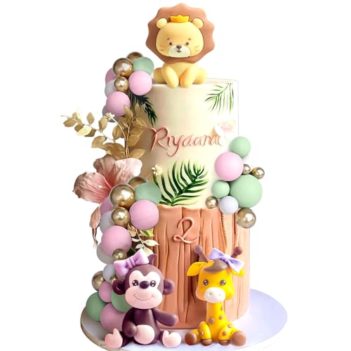 JeVenis Pink Safari Baby Party Kuchen Dekorationen Mädchen Wilde Kuchen Wilde Kuchen Topper Safari Kuchen Dekorationen Wilde Ein Kuchen Topper 1.Geburtstag Mädchen Zoo Tier Kuchen Toppers von JeVenis