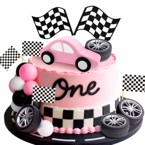 JeVenis Rennauto-Kuchendekorationen, Auto-Kuchenaufsatz, karierte Flagge, Kuchendekoration, Aufwachsen, zwei schnelle Geburtstagsdekoration, schnell und drei benötigen vier Geschwindigkeiten von JeVenis