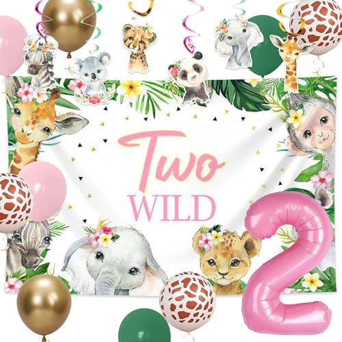 JeVenis Rosa zwei wilde Geburtstag Dekorationen Dschungel 2. Geburtstag Dekorationen für Mädchen Safari Luftballon Tierische Dschungel Themen Party Supplies von JeVenis