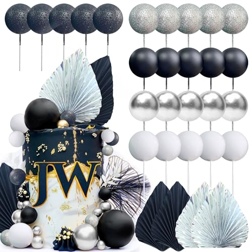 JeVenis Schwarz Tortendeko Kugeln Decoration Schaum Ball Kuchen Dekoration für Geburtstag Hochzeit Valentinstag Babyparty Gold Palm Leaves Cake Decoration (Black Silver) von JeVenis