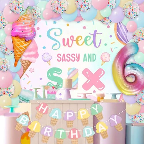 JeVenis Süße freche und sechs Geburtstagsdekorationen für 6 Jahre altes Mädchen, Eiscreme-Mottoparty-Zubehör mit Hintergrundballons, Süßigkeiten, Donuts-Thema JeVenis Süße freche und sechs Geburtstagsdekorationen für 6 Jahre altes Mädchen, Eiscreme-Mottoparty-Zubehör mit Hintergrundballons, Süßigkeiten, Donuts-Thema von JeVenis