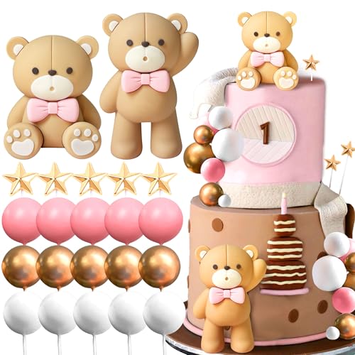 JeVenis Teddybär Tortendeko für Taufe Junge, Mädchen 1 Jahr Rosa, Kuchen Dekoration für Hochzeit, Babyshower, Geburtstag Party von JeVenis