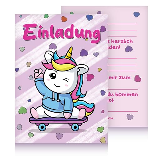 Jean-Philippe Dietz® 12 Einhorn Einladungskarte für Kindergeburtstag oder Partys - Kinder Geburtstagseinladungskarten - Einladungen zum Geburstag für Mädchen (Skateboard) von Jean-Philippe Dietz