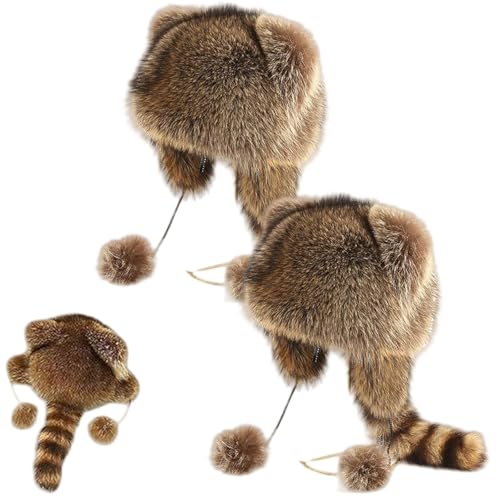 Winter Cute Raccoon Plush Hats - Faux Fur Raccoon Hat with Tail, Keep Ears Warm, Adjustable Fit for Adults & Kids (2-8 Years *2) von Jeeeun