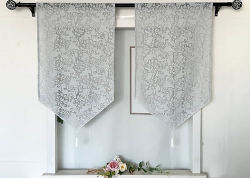 Jeeman Elegante Jacquard Halbtransparente Kurzgardine Vintage Blumenmuster Scheibengardine Fransen Gardine Französisch Romantischer Wohnzimmer Vorhang Bistrogardine Graublau HxB 120x60cm 2 Stück von Jeeman