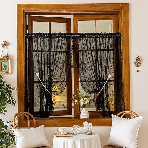 Jeeman Halbdurchsichtige Kurzgardine Romantische Spitzengardine mit Pflanzen Blumenmuster Bistrogardine für Cafe Landhausstil Scheibengardine Schwarz HxB 100x140cm 1 Stück von Jeeman