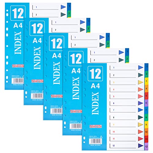 Ordner-Register A4 Farbig 12-teiliges, Trennblätter für Ordner Nummeriert 1-12 Mehrzweck-Indexteiler Extra Breit PVC Trenn-Blätter zum Organisieren (5er Set) von Jeesblsy