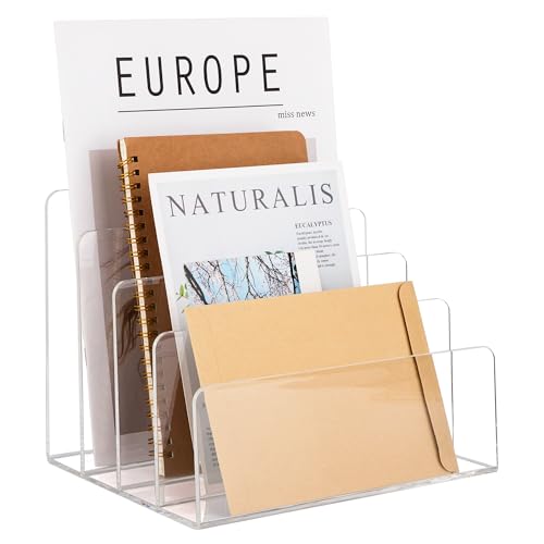 Transparenter Acryl-Aktenhalter, Verdicken Acryl Akten Organizer 4 Abschnitte vertikaler Schreibtisch-Organizer Büro-Aktenordner Ständer für Dokumente Briefbuch von Jeesblsy